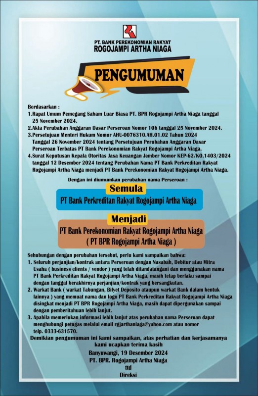 Pengumuman Perubahan Nama BPR 